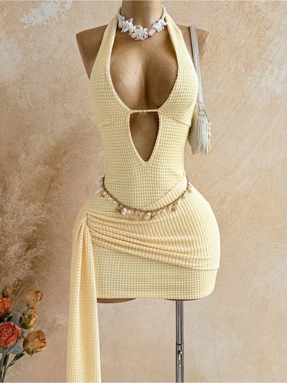 Pastel Yellow Plunge front halter mini bodycon dress XS/S